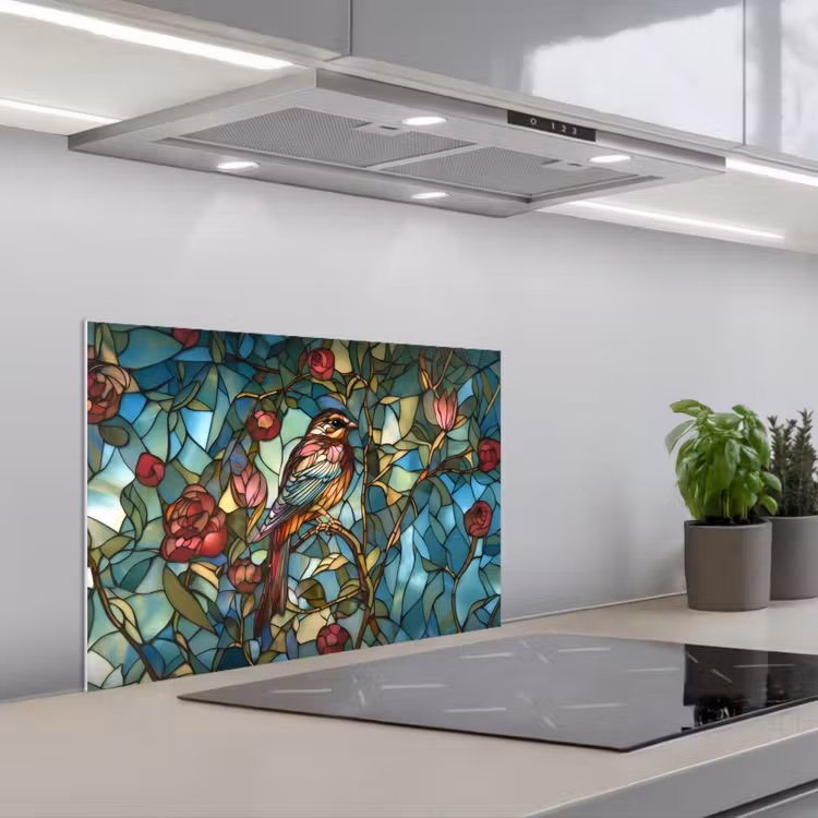 Kitchen splashback for hob - Bird - Branch - Roses - Mosaic — 1