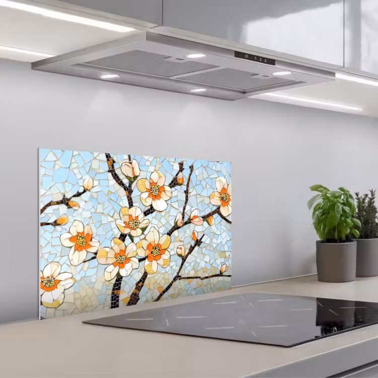 Kitchen splashback for hob - Blossoms - White - Mosaic - Branch — 1