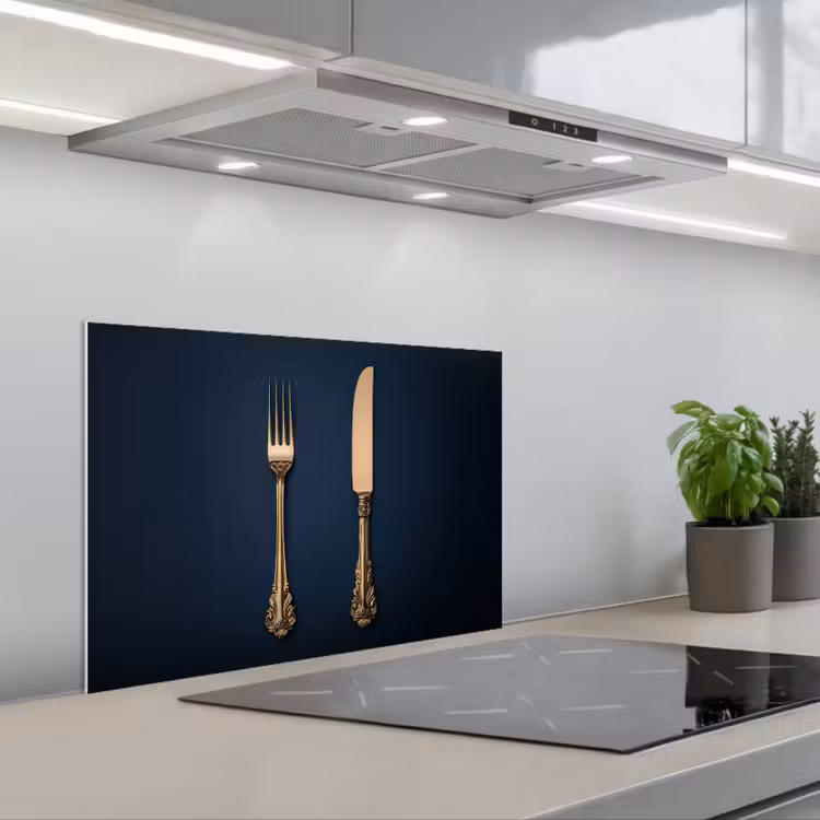 Kitchen splashback for hob - Cutlery - Dark blue - Gold — 1