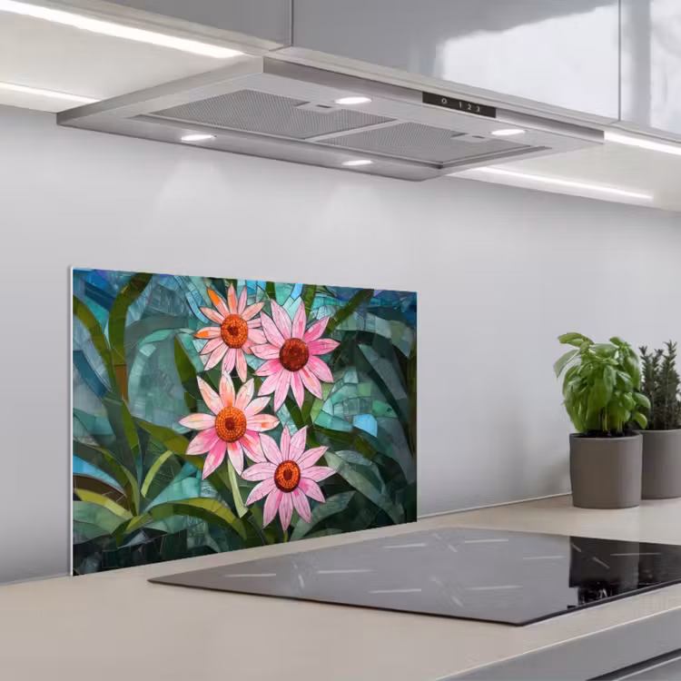 Kitchen splashback for hob - Flowers - Pink - Glass Mosaic — 1
