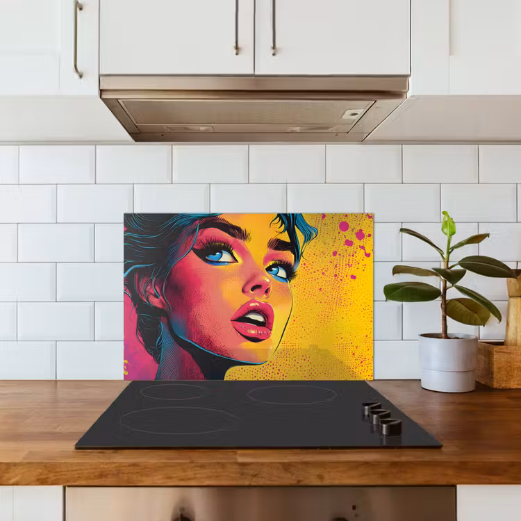Kitchen splashback for hob - Close-up - Women's face - Dots - Yellow — 3