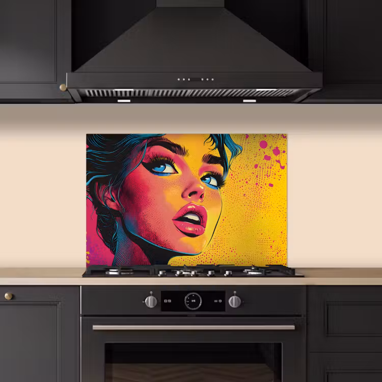 Kitchen splashback for hob - Close-up - Women's face - Dots - Yellow — 5