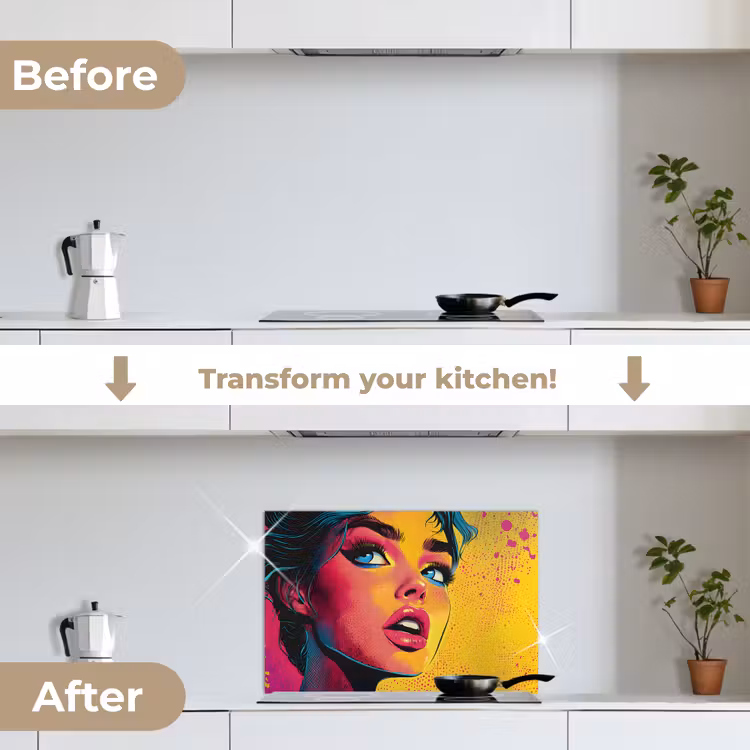 Kitchen splashback for hob - Close-up - Women's face - Dots - Yellow — 7