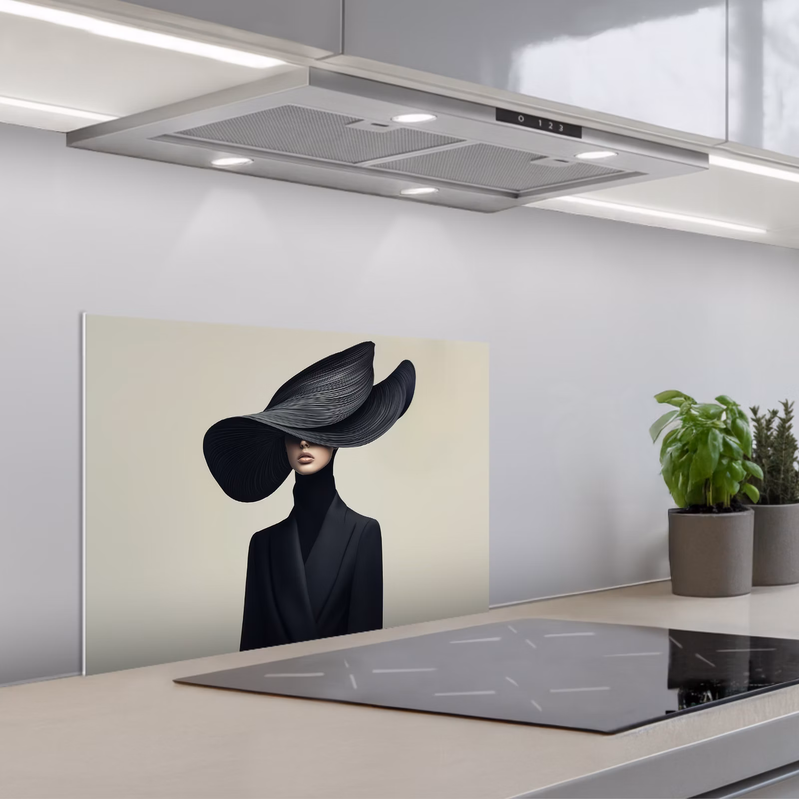 Kitchen splashback for hob - Black - Woman - Hat — 1