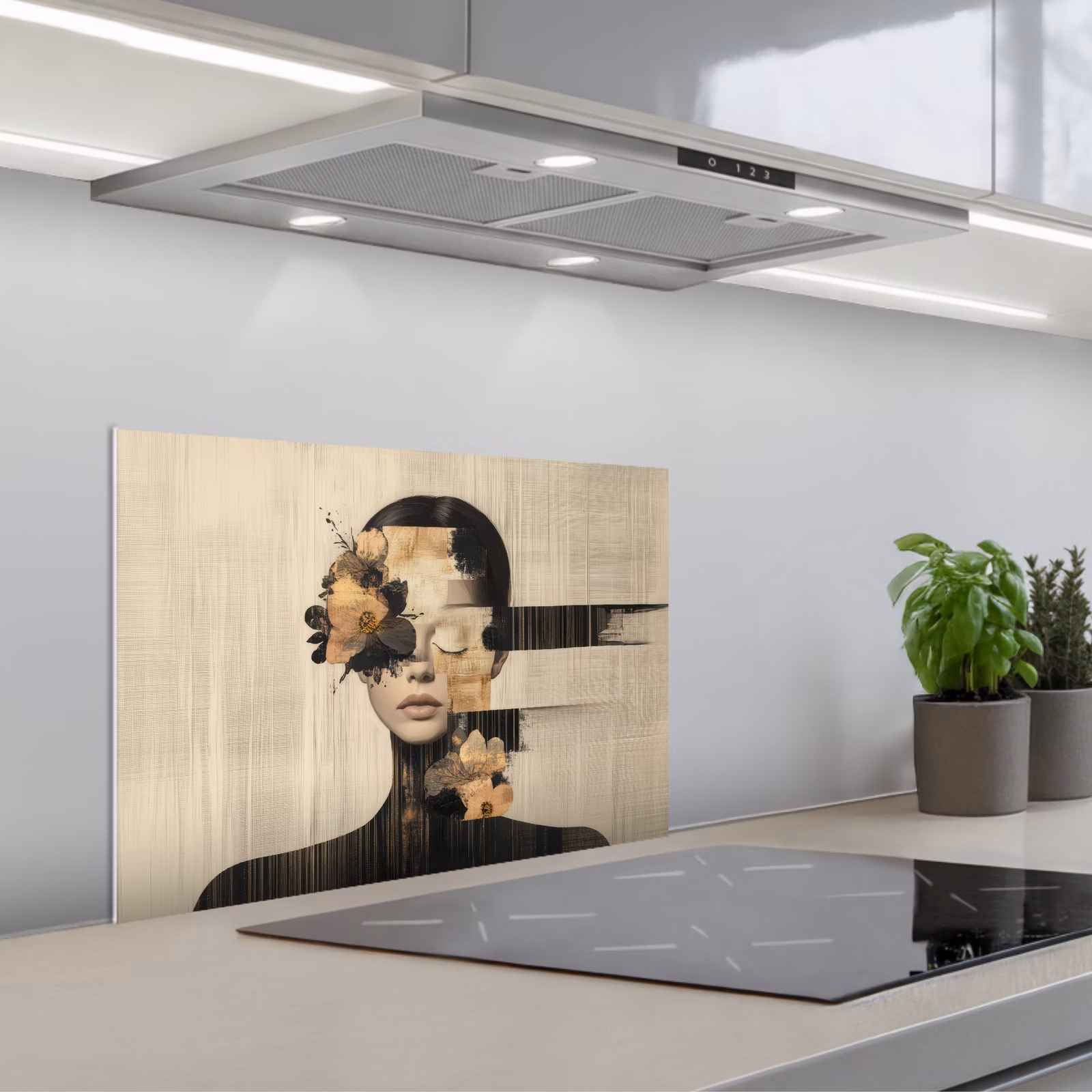 Kitchen splashback for hob - Face - Flowers - Black - Woman — 1
