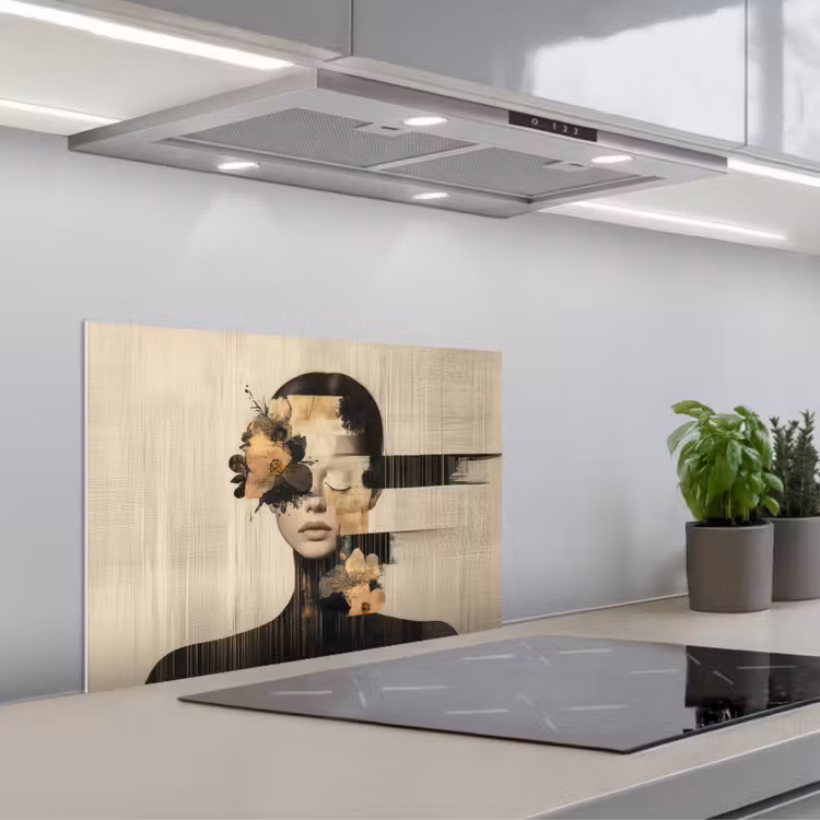 Kitchen splashback for hob - Face - Flowers - Black - Woman — 1