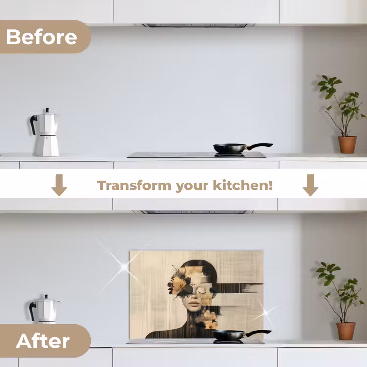 Kitchen splashback for hob - Face - Flowers - Black - Woman — 7