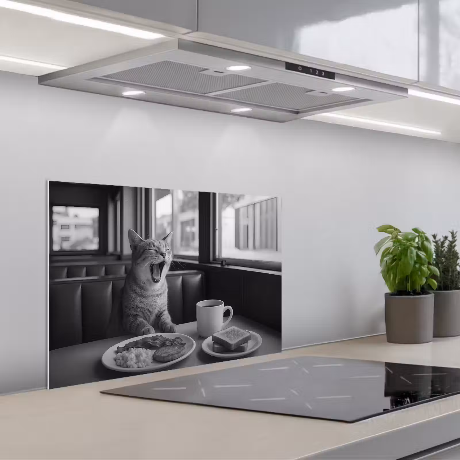 Kitchen splashback for hob - Cat - Coffee - Bread - Black — 1