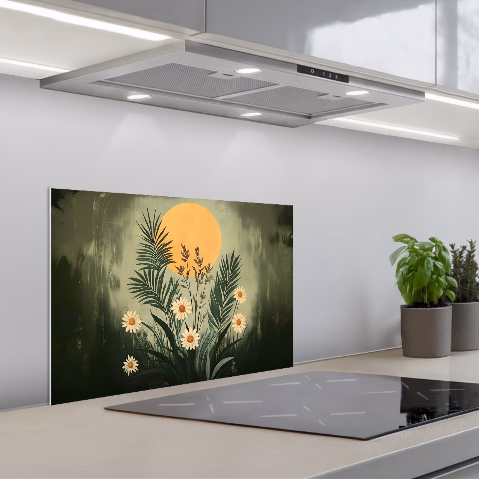 Kitchen splashback for hob - Flowers - Leaves - Sun - Green — 1