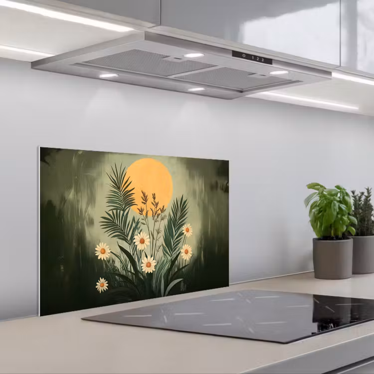 Kitchen splashback for hob - Flowers - Leaves - Sun - Green — 1