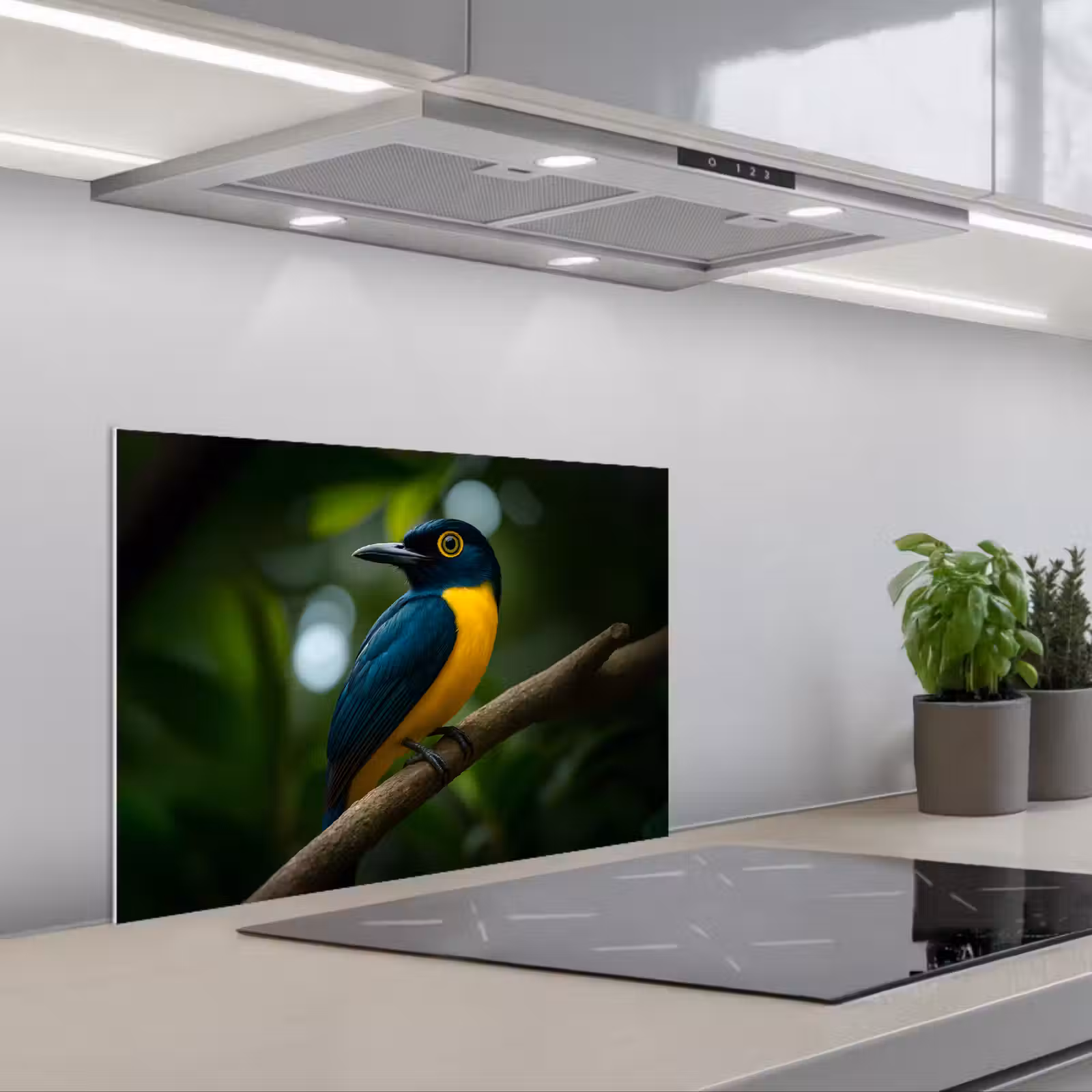 Kitchen splashback for hob - Bird - Branch - Yellow - Leaves — 1