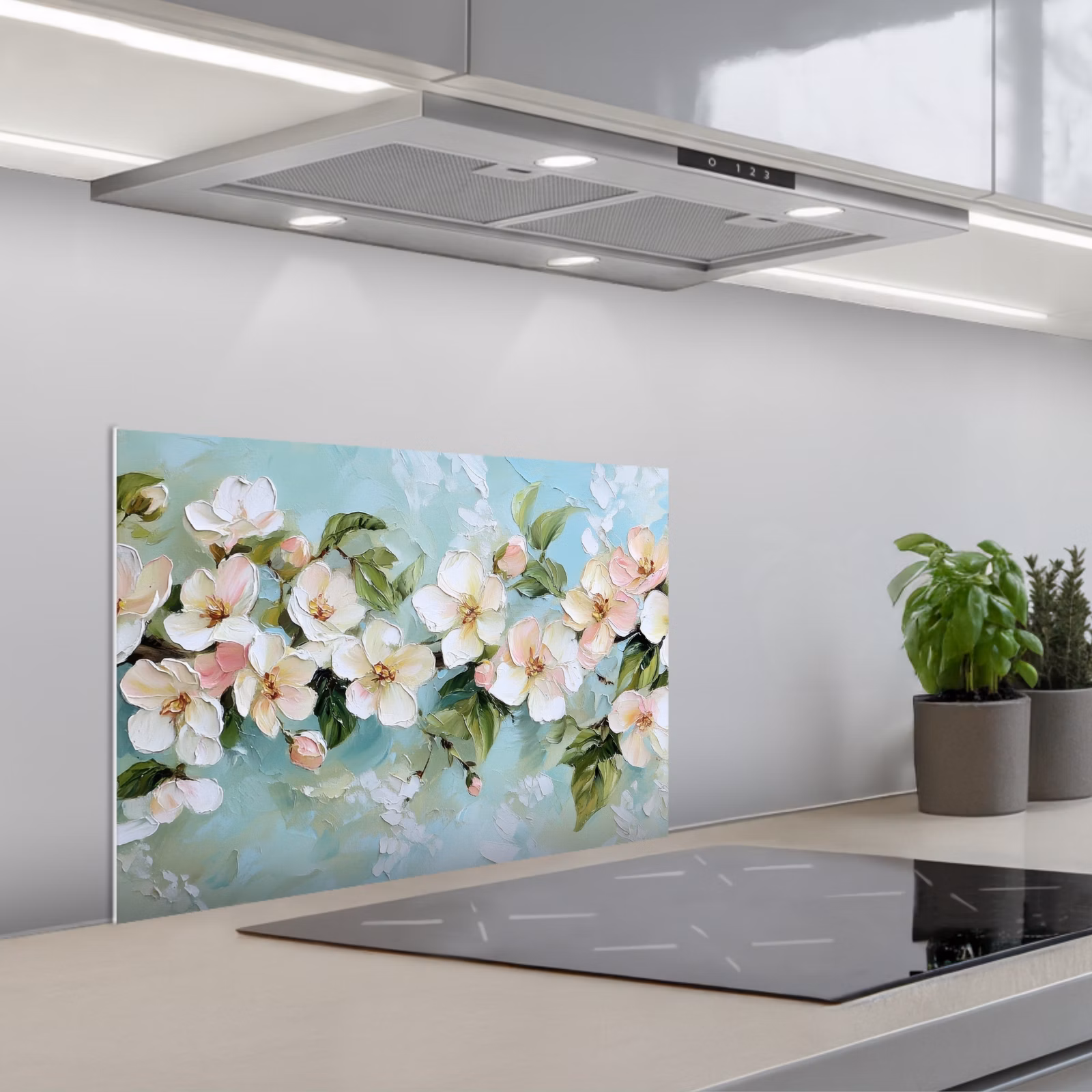 Kitchen splashback for hob - Blossom - Leaves - Light blue — 1