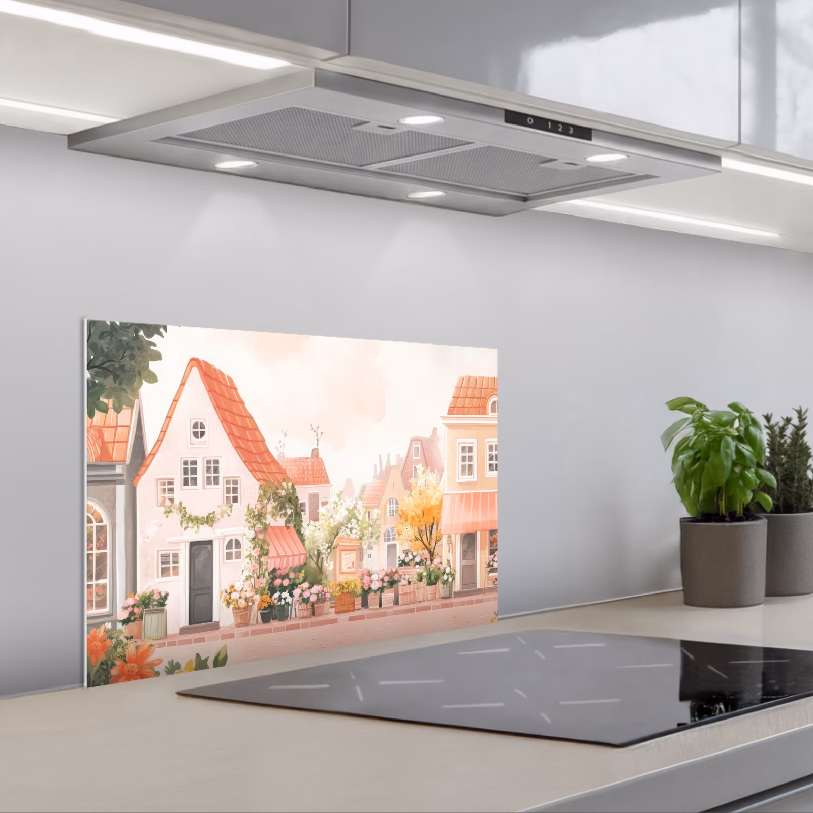 Kitchen splashback for hob - Flowers - Houses - Village — 1