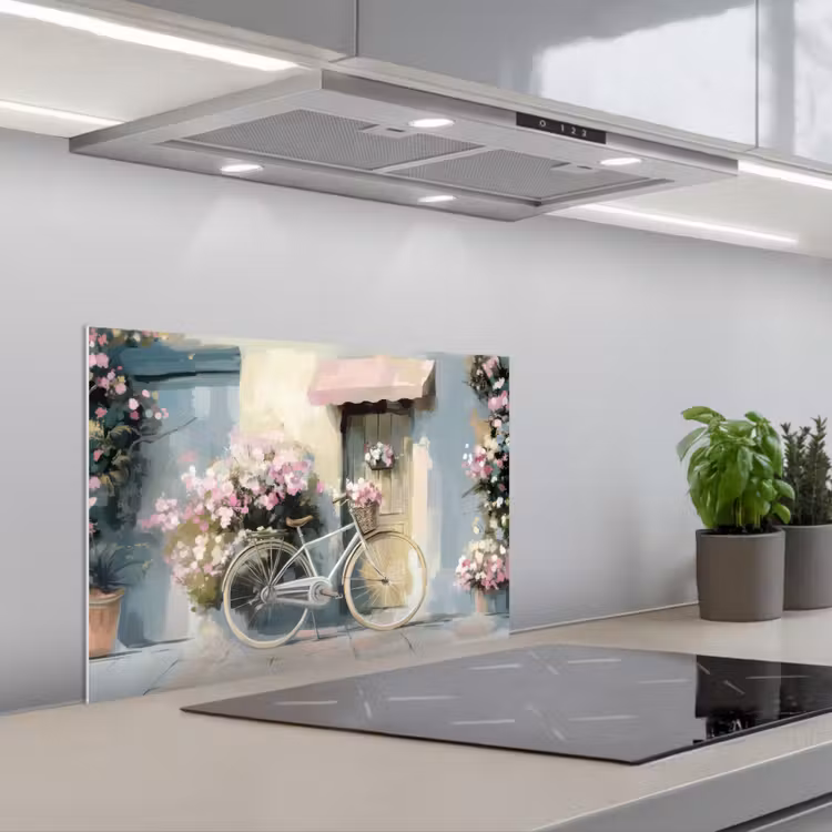 Kitchen splashback for hob - Bicycle - Pastel colors - Flowers — 1