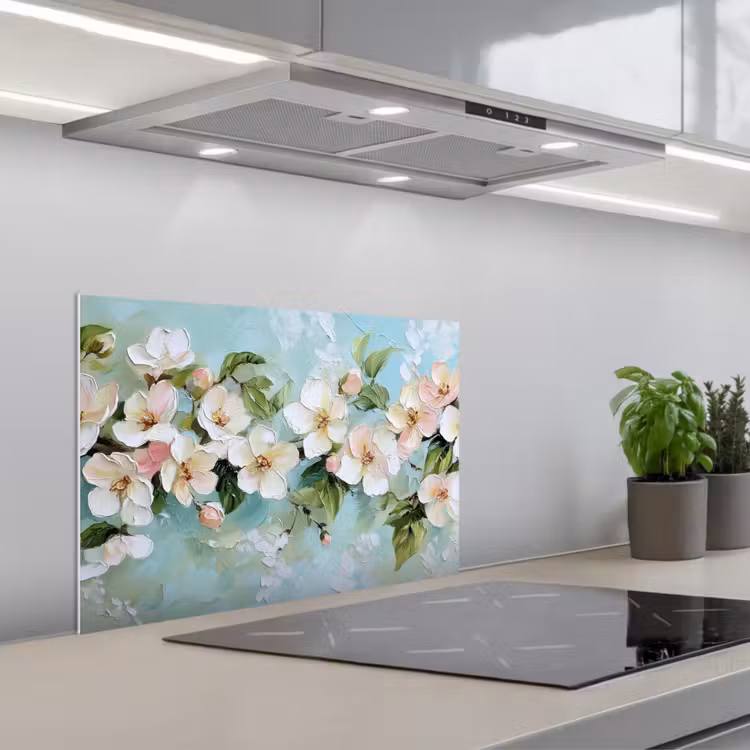 Kitchen splashback for hob - Blossom - Leaves - Light blue — 1