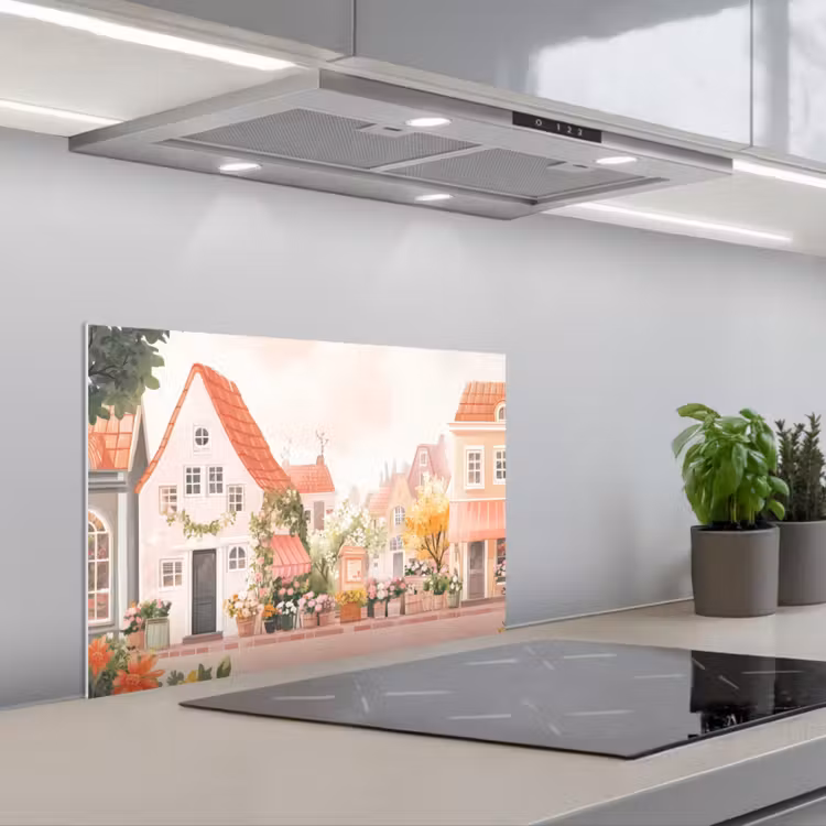 Kitchen splashback for hob - Flowers - Houses - Village — 1