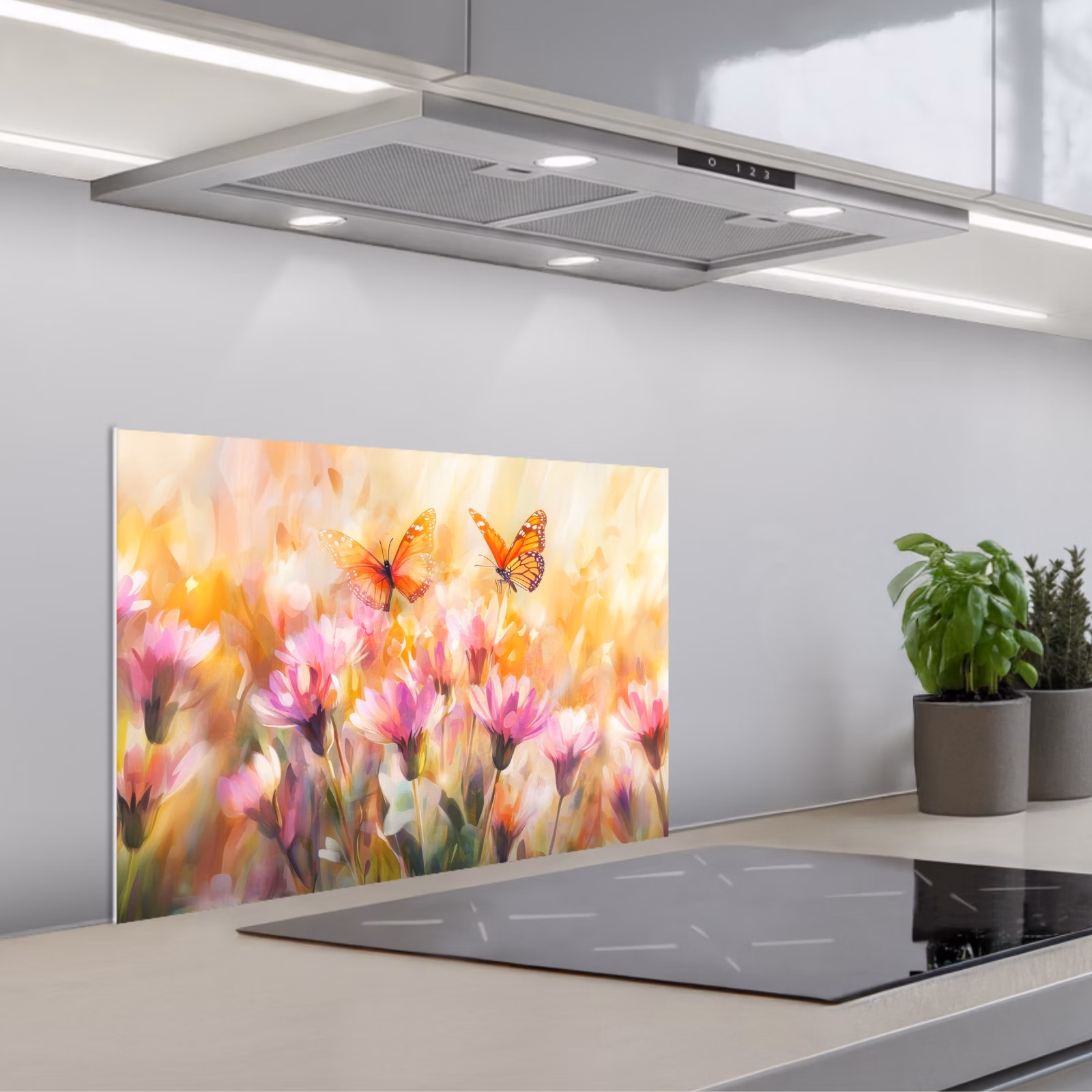 Kitchen splashback for hob - Butterflies - Orange - Flowers — 1
