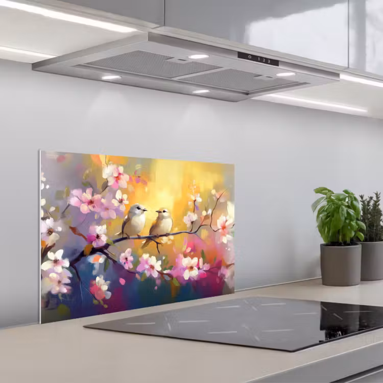 Kitchen splashback for hob - Birds - Flowers - Pink — 1