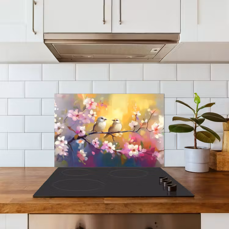 Kitchen splashback for hob - Birds - Flowers - Pink — 3