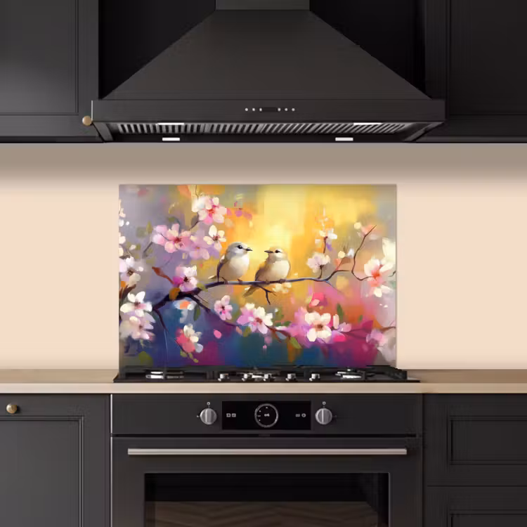 Kitchen splashback for hob - Birds - Flowers - Pink — 5