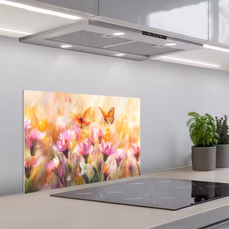 Kitchen splashback for hob - Butterflies - Orange - Flowers — 1