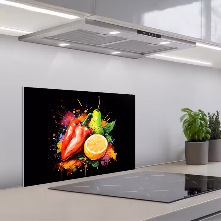 Kitchen splashback for hob - Bell pepper - Pear - Lemon - Graffiti - Paint - Abstract — 1