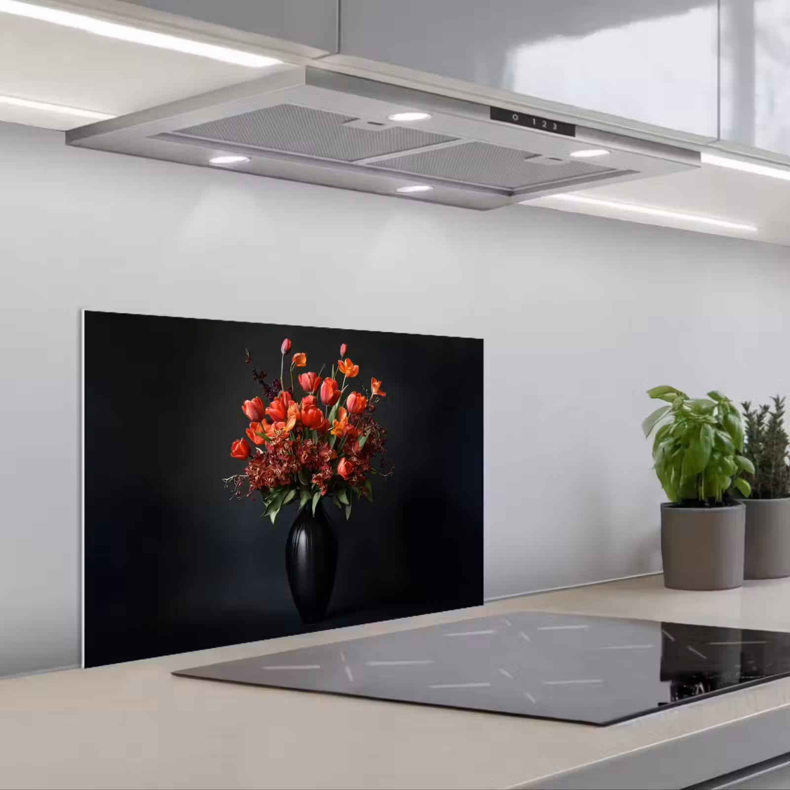Kitchen splashback for hob - Bouquet - Tulips - Vase - Red — 1