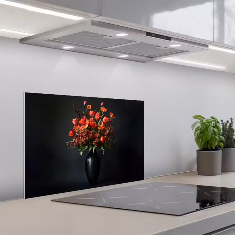 Kitchen splashback for hob - Bouquet - Tulips - Vase - Red — 1