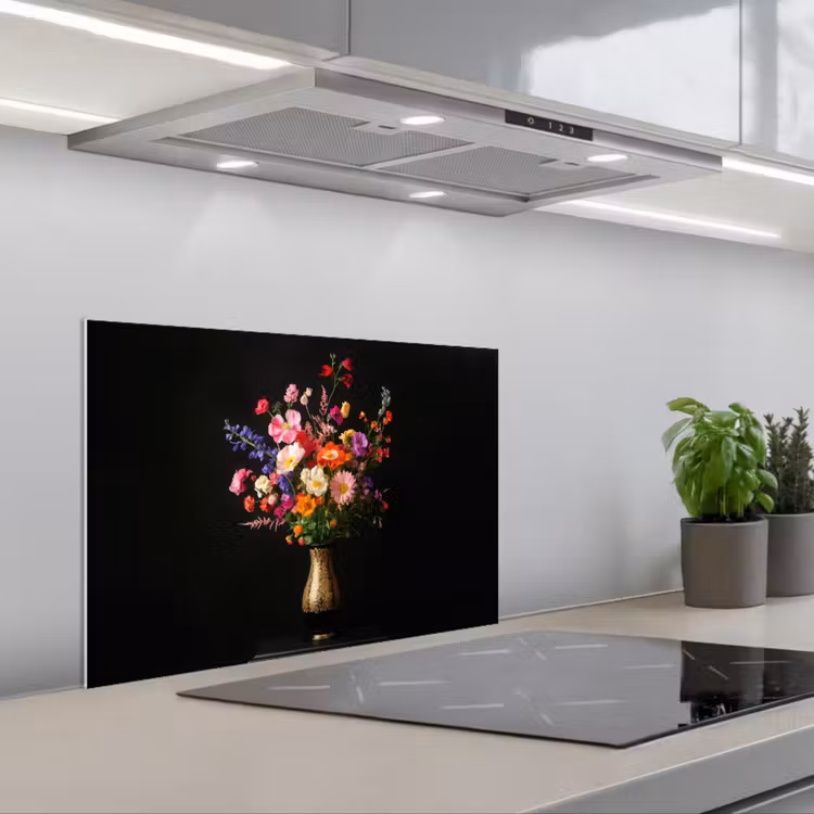Kitchen splashback for hob - Colorful - Bouquet - Vase - Gold — 1