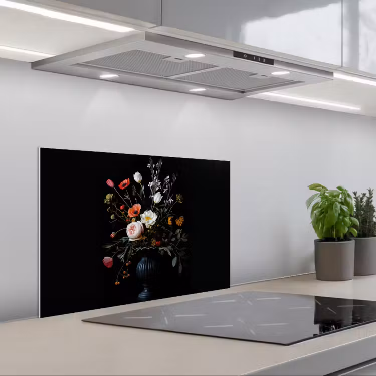 Kitchen splashback for hob - Flower arrangement - Vase - Black — 1