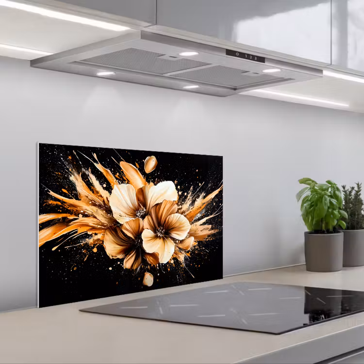 Kitchen splashback for hob - Flowers - Gold - Graffiti - Black - Abstract — 1
