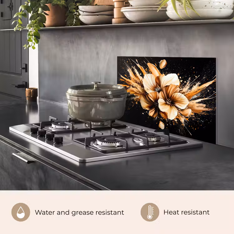 Kitchen splashback for hob - Flowers - Gold - Graffiti - Black - Abstract — 2