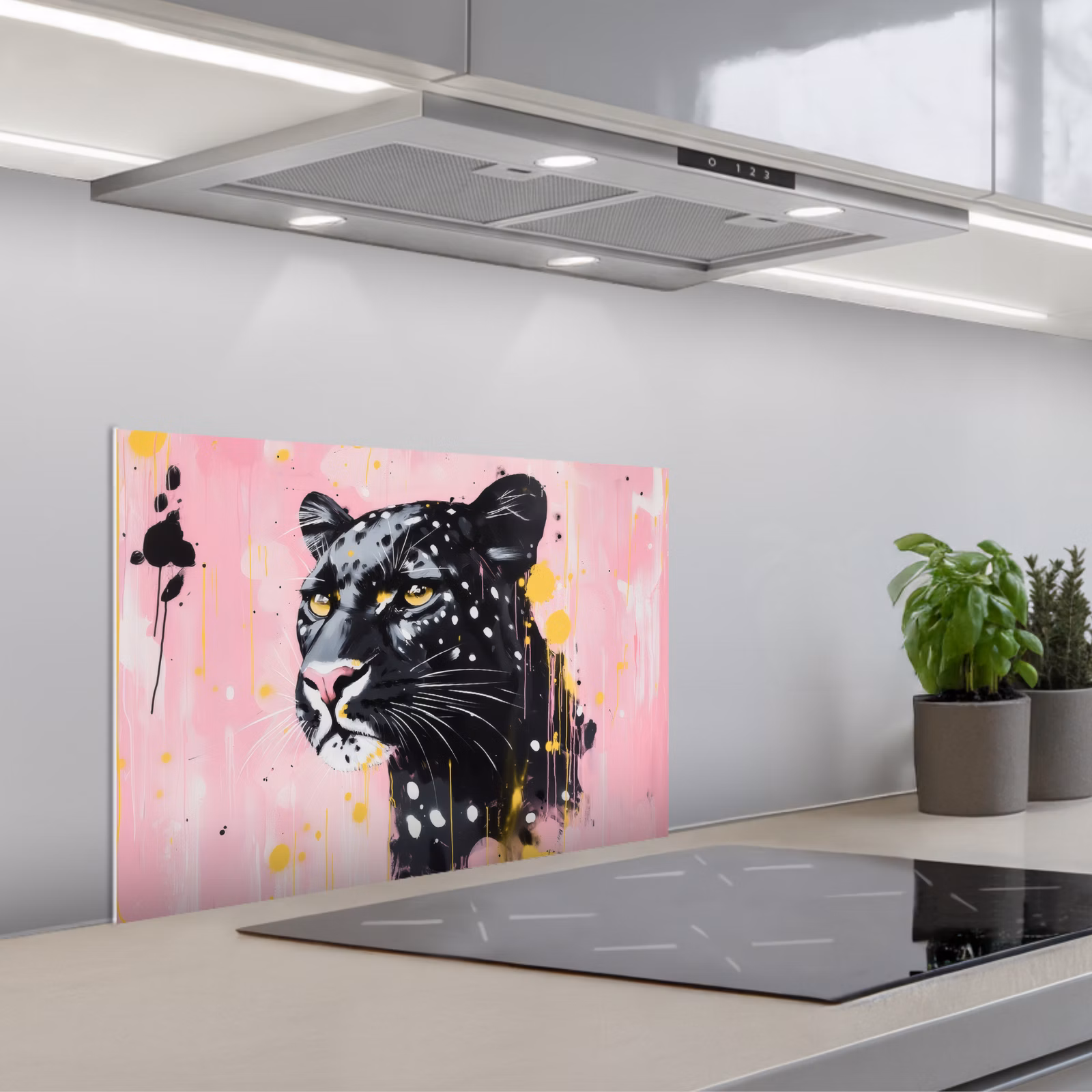 Kitchen splashback for hob - Black - Panther - Pink - Abstract — 1
