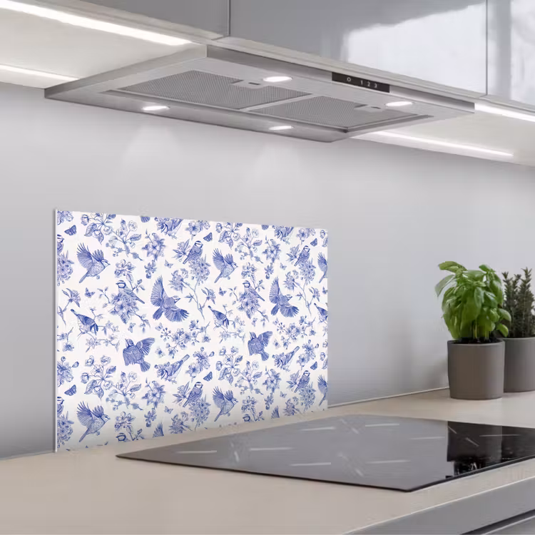 Kitchen splashback for hob - Birds - Flowers - Blue — 1