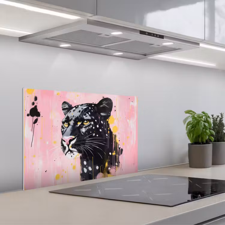Kitchen splashback for hob - Black - Panther - Pink - Abstract — 1