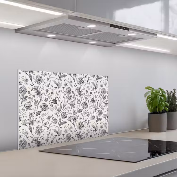 Kitchen splashback for hob - Classic - Black - White - Floral — 1