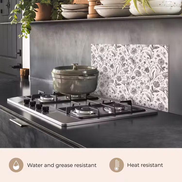 Kitchen splashback for hob - Classic - Black - White - Floral — 2