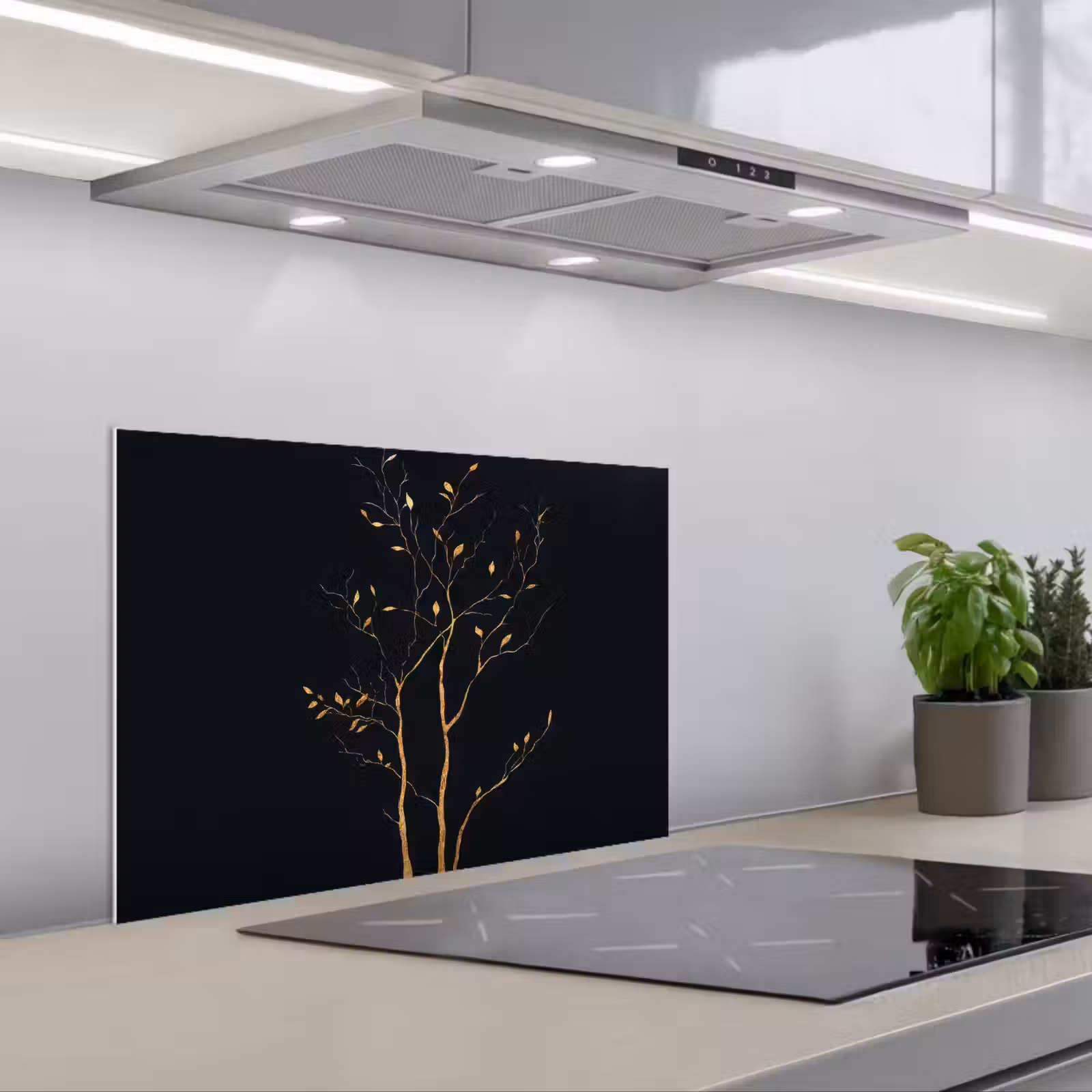 Kitchen splashback for hob - Branches - Leaves - Black — 1