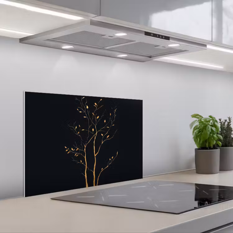 Kitchen splashback for hob - Branches - Leaves - Black — 1