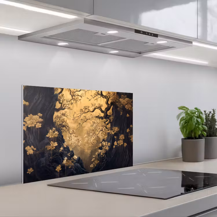 Kitchen splashback for hob - Flowers - Branches - Gold - Ornamental — 1