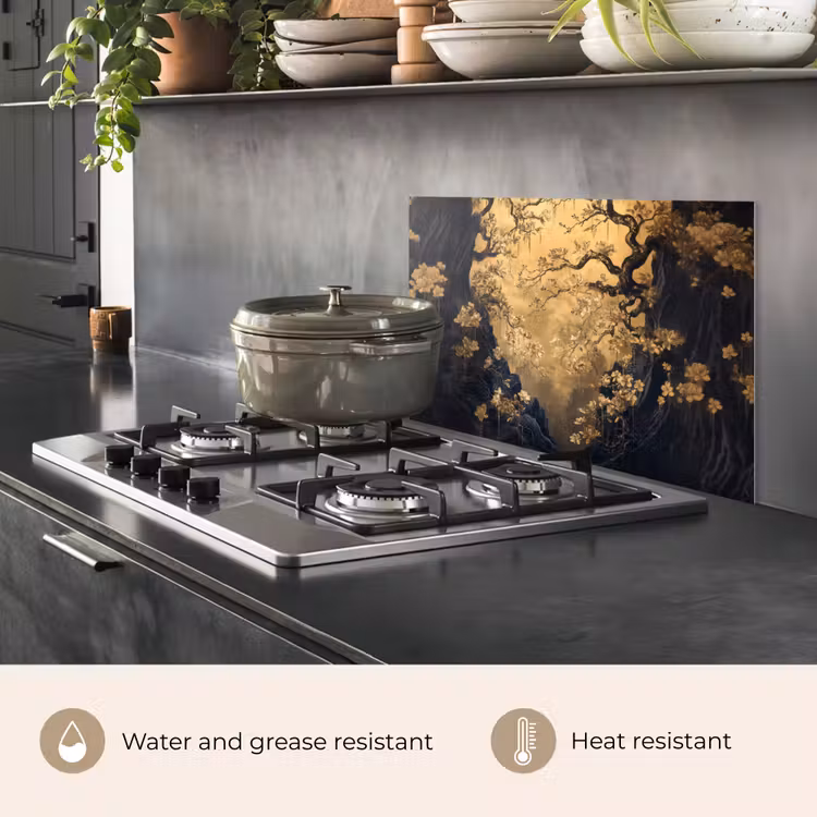 Kitchen splashback for hob - Flowers - Branches - Gold - Ornamental — 2