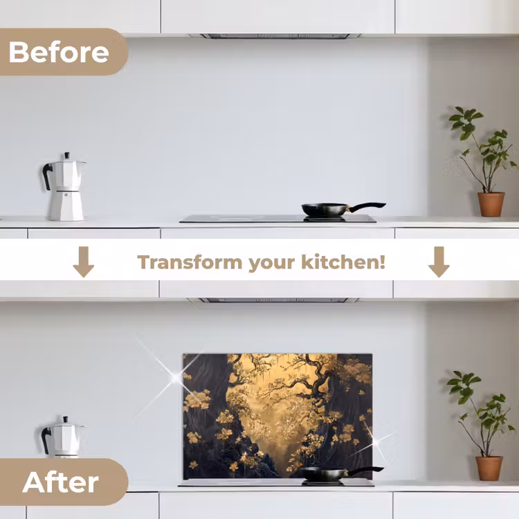 Kitchen splashback for hob - Flowers - Branches - Gold - Ornamental — 7