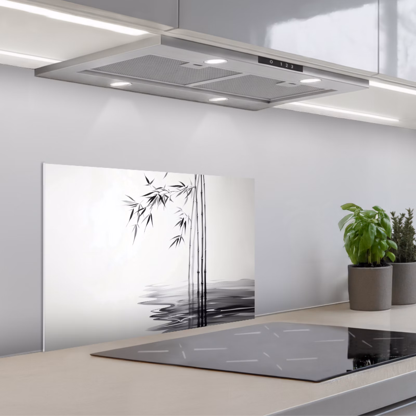 Kitchen splashback for hob - Bamboo logs - Water - Minimalist - White — 1