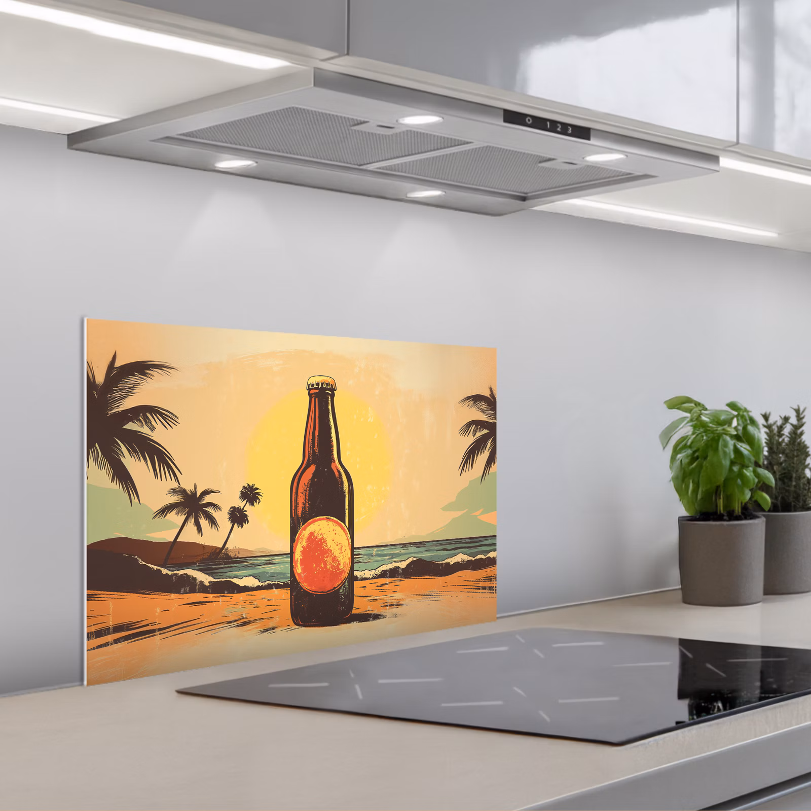 Kitchen splashback for hob - Beer bottle - Sunset - Palm trees - Sea — 1