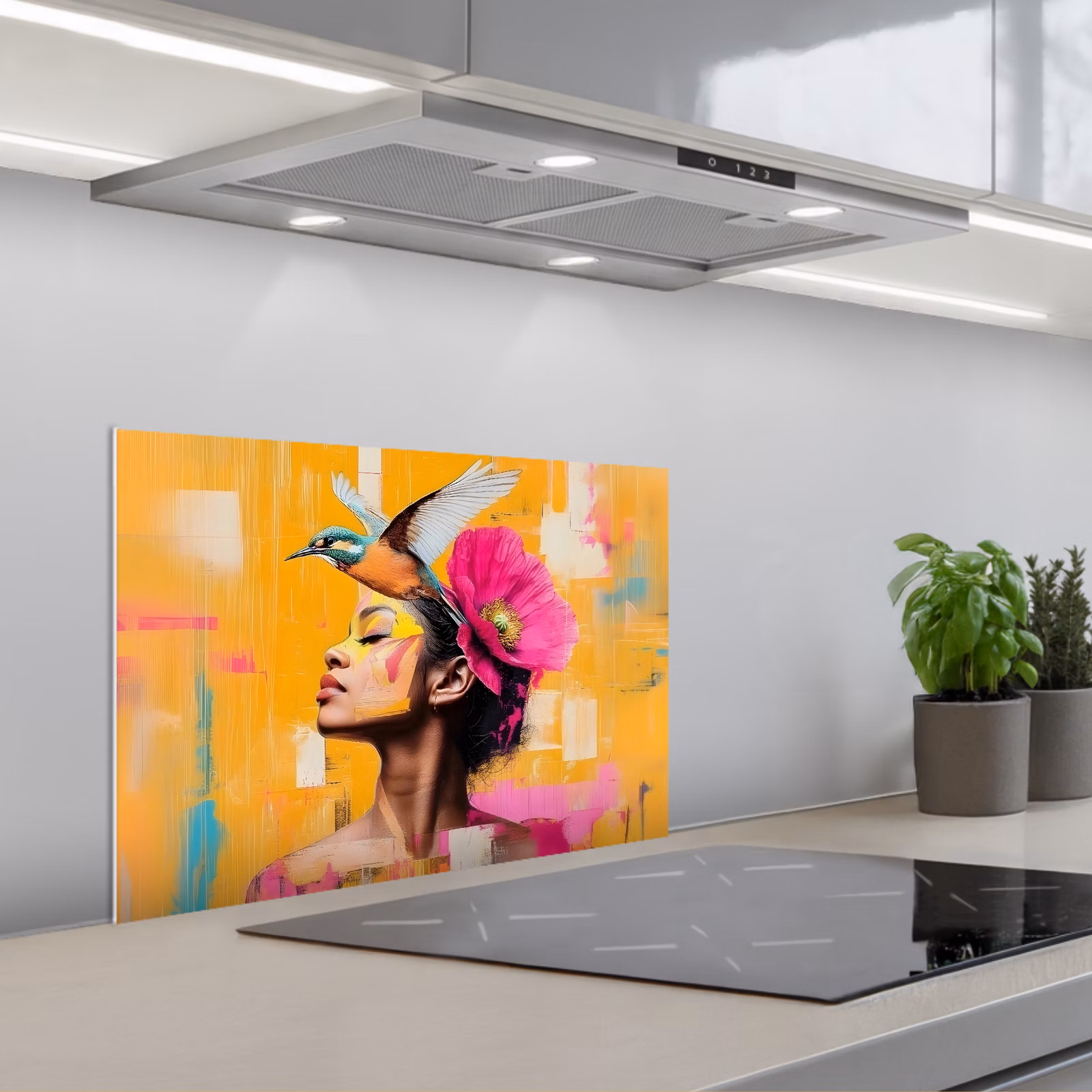 Kitchen splashback for hob - Bird - Woman - Abstract - Flower — 1