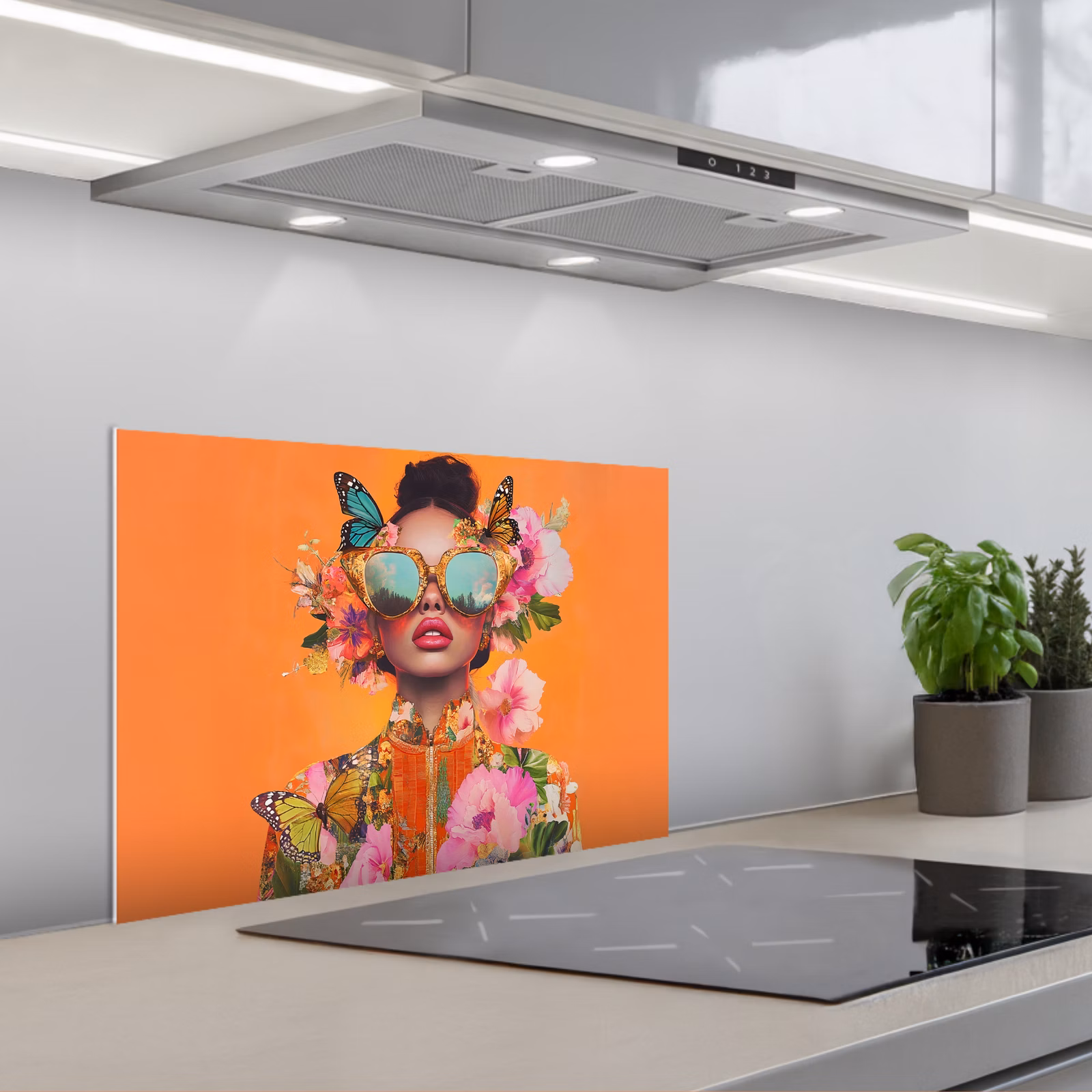Kitchen splashback for hob - Butterflies - Woman - Sunglasses - Colorful — 1