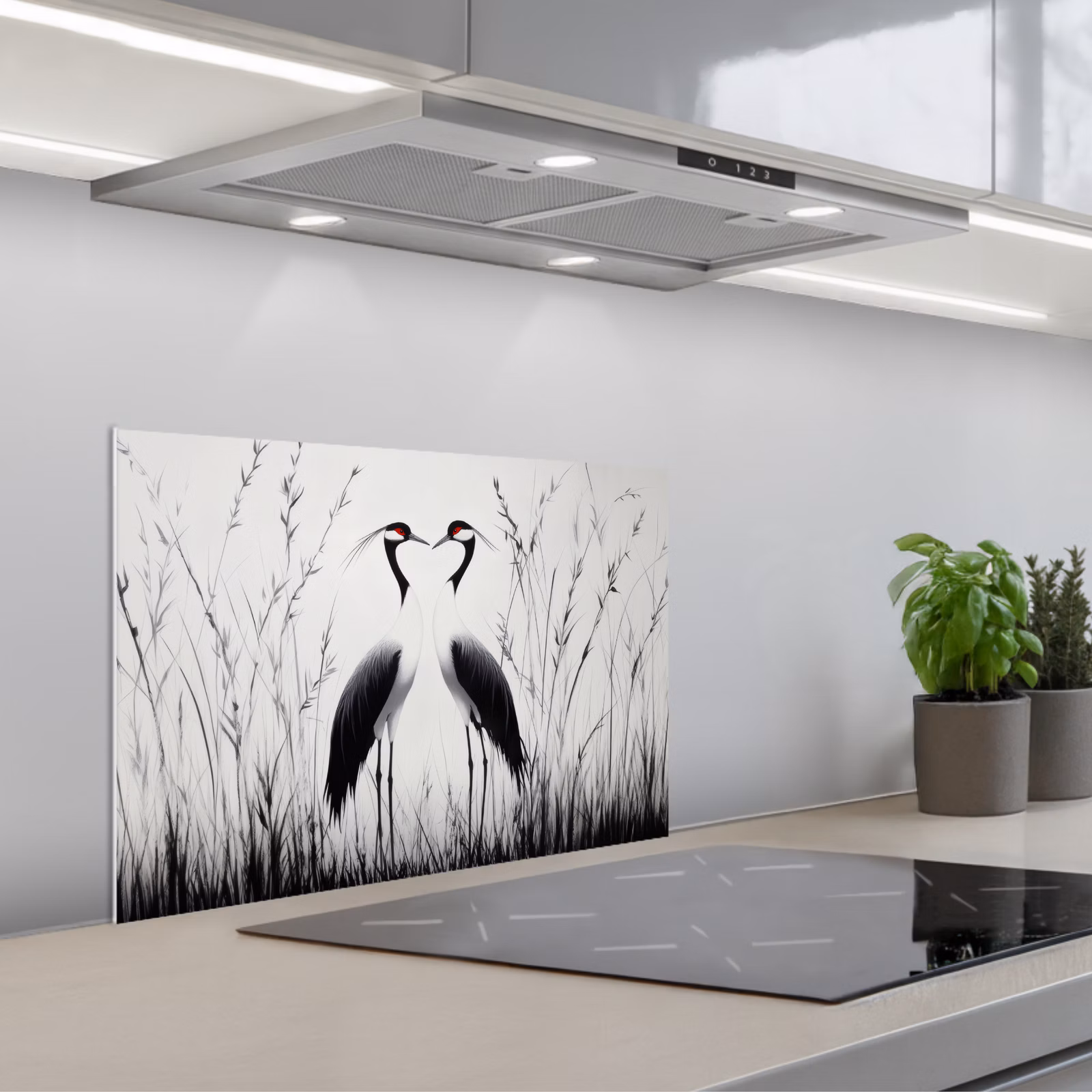 Kitchen splashback for hob - Crane - Grass - Heart Shape - Black — 1