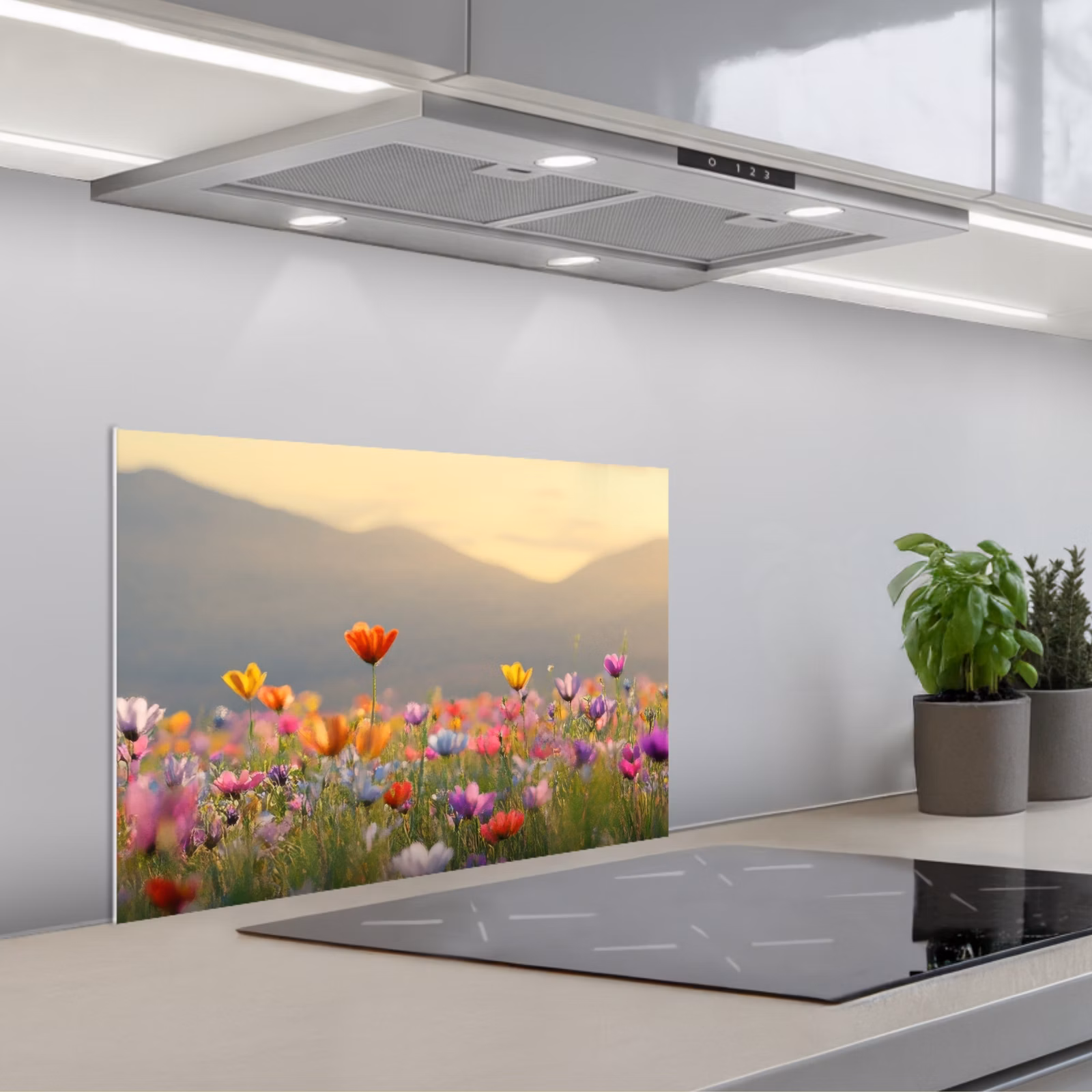 Kitchen splashback for hob - Field of flowers - Mountains - Sunlight - Flowers — 1
