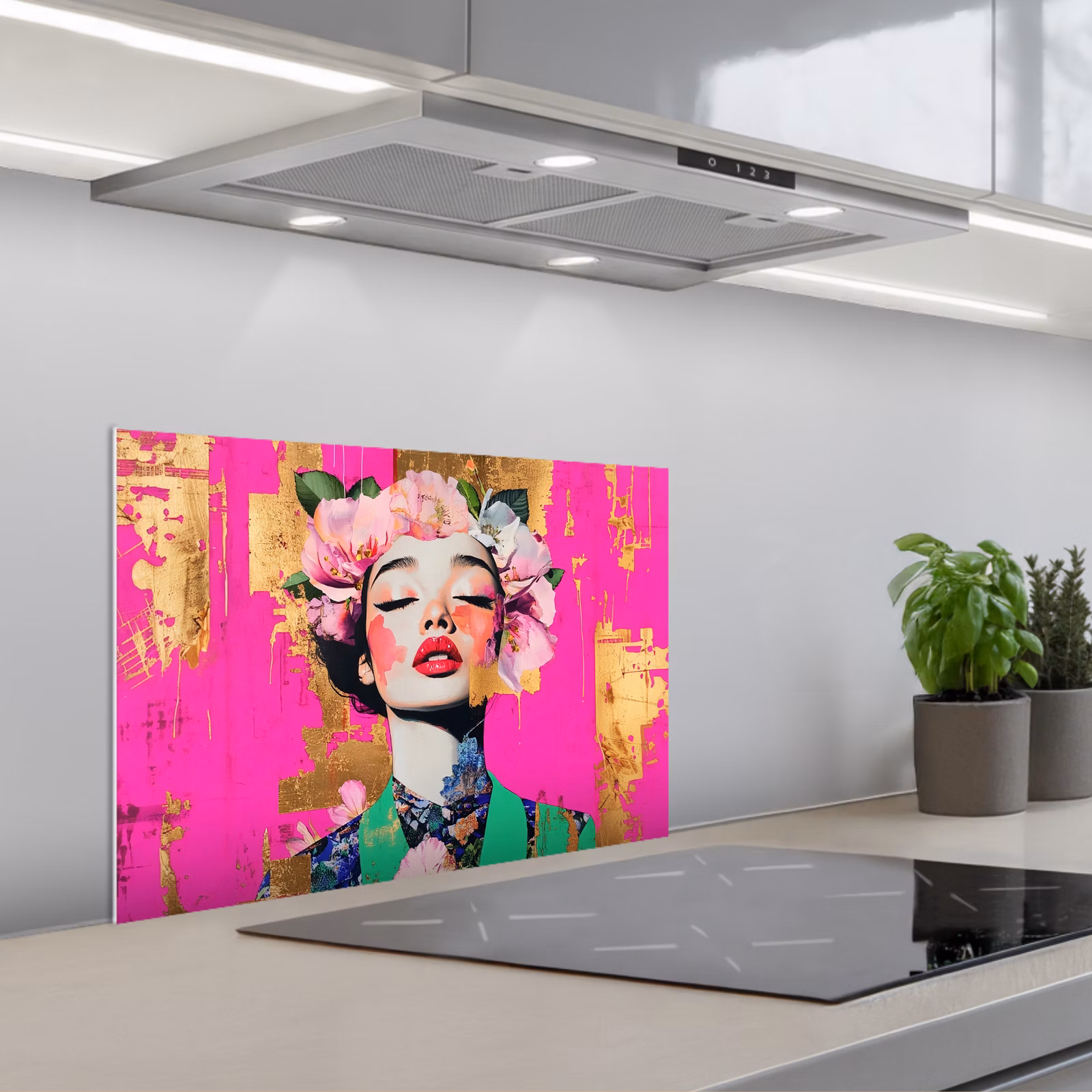 Kitchen splashback for hob - Flower crown - Gold - Woman - Portrait — 1