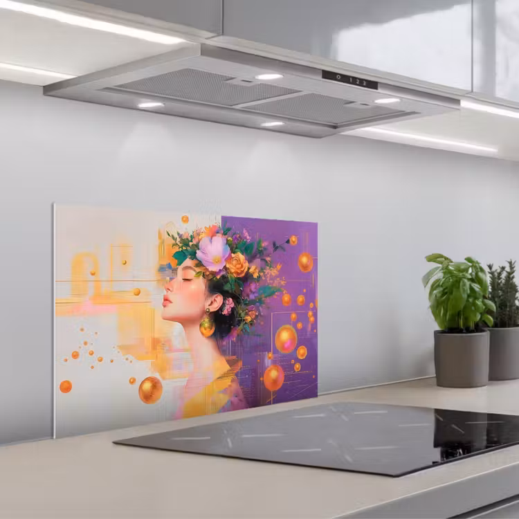 Kitchen splashback for hob - Abstract - Woman - Crown of Flowers - Gold — 1